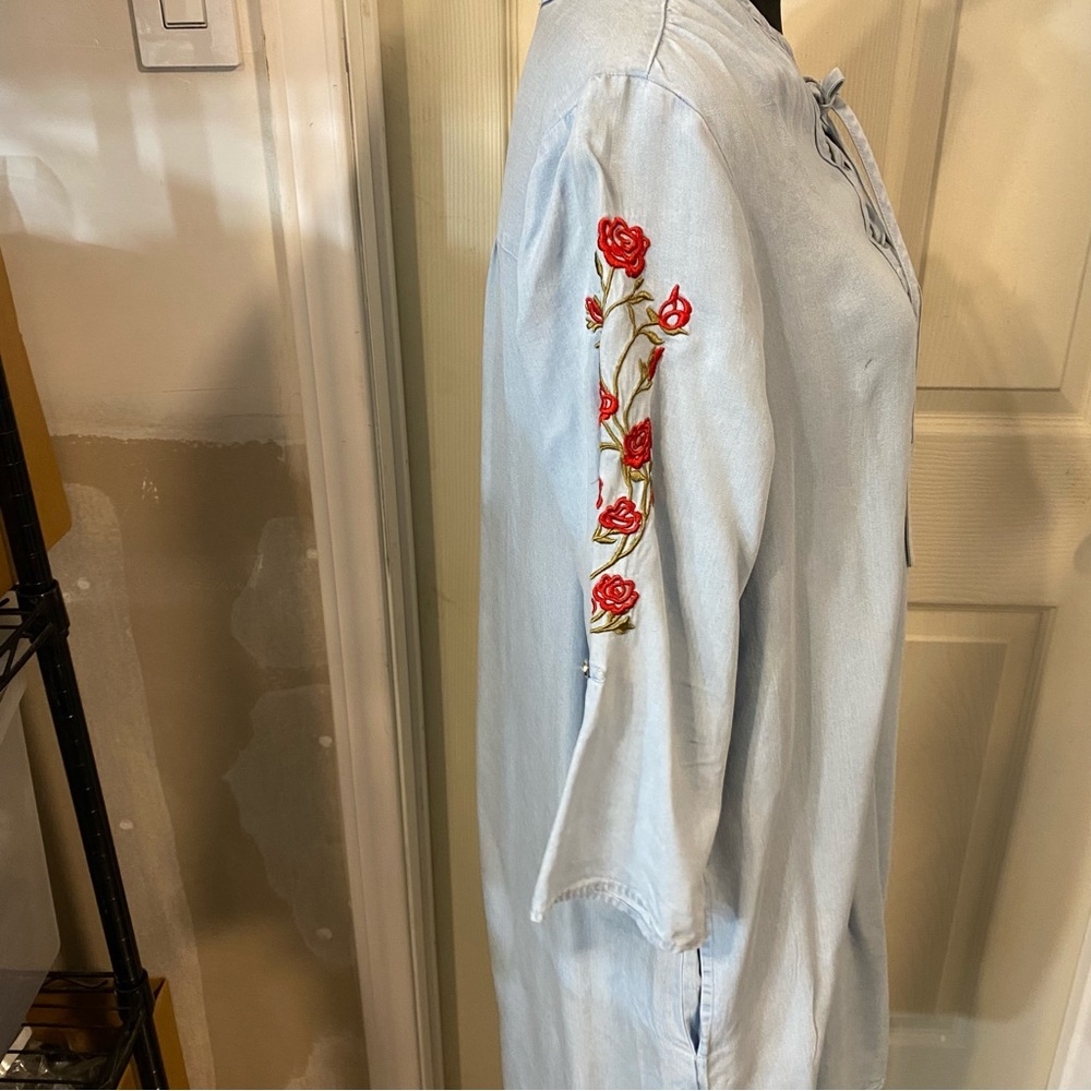 Boho Embroidered Chambray Dress Midi Long sleeves Floral Lace Up Bodice Western